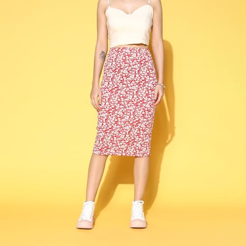 Berrylush Women Red & White Floral Printed Slip-On Straight Hem Pencil Midi Skirt - Image 2