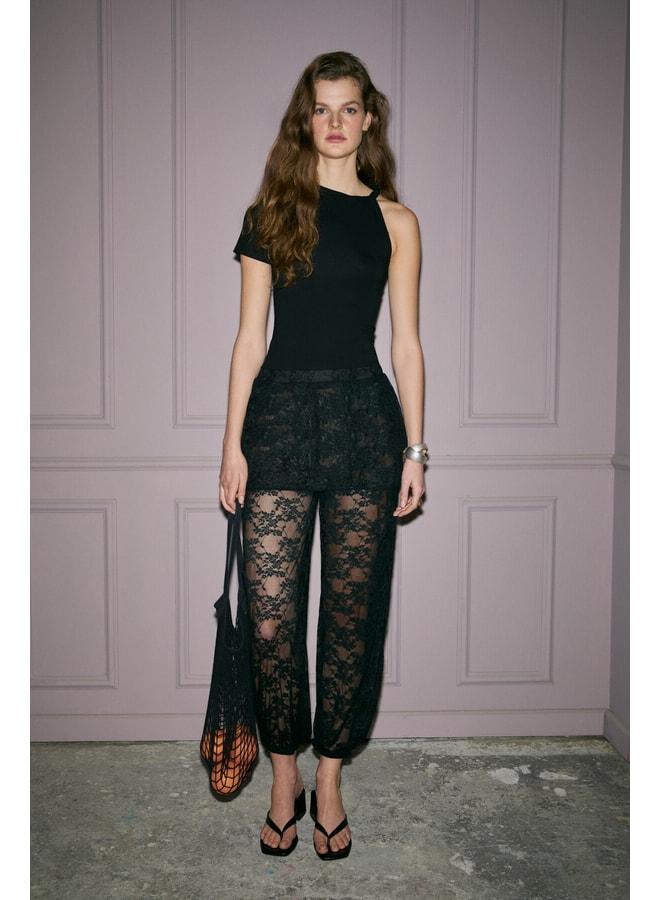 GRIMELANGE PETKRO Women's Stretch Fabric Skirted Lace Black Pants. - Image 1