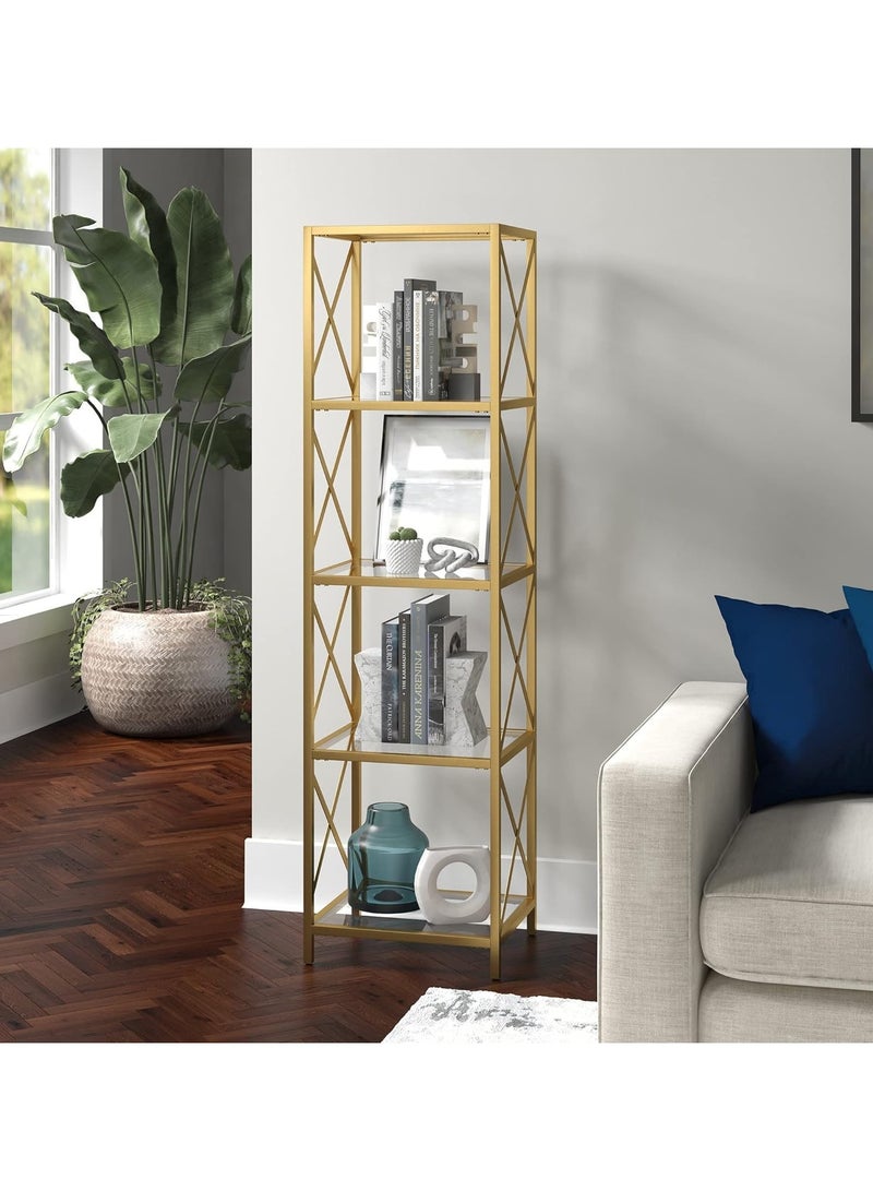 LINGWEI 5 Tier Metal and Glass Bookshelf Stylish Display Shelf for Living Room Bedroom & Office Tall Modern Design - Image 1