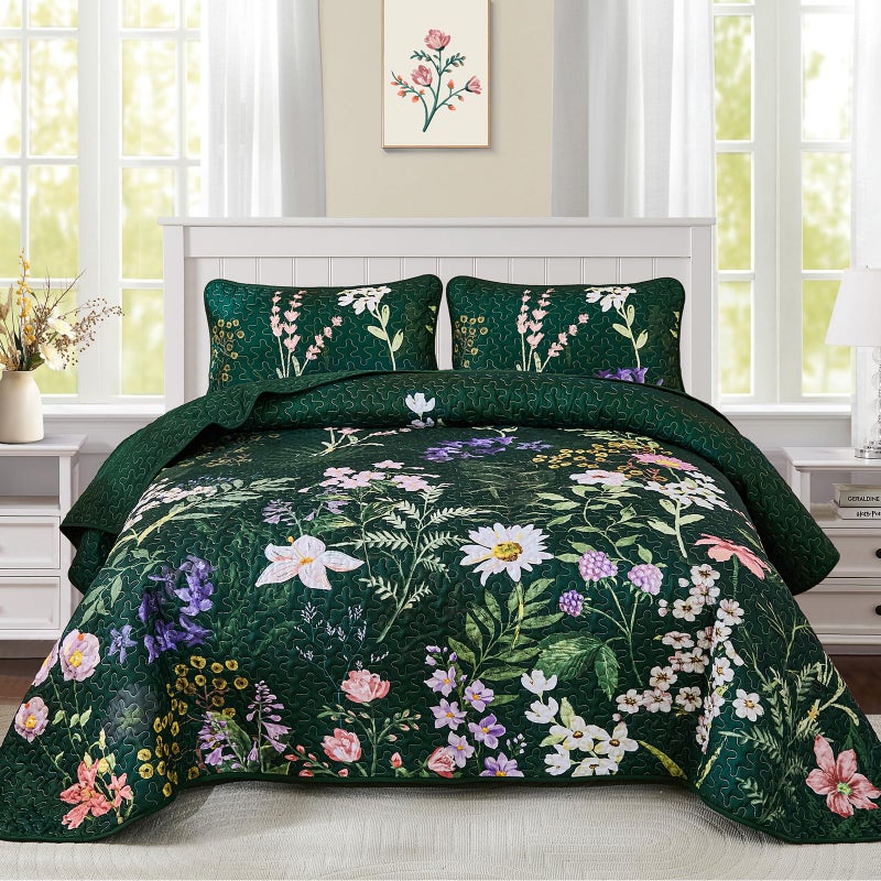 Yiran Floral Quilt Set Queen Size, Green Botanical Bedspreads Bedding Set, 3 Pieces Summer Soft Lightweight Microfiber Coverlet with 2 Pillow Shams for All Season 96x90 Inch - Image 1