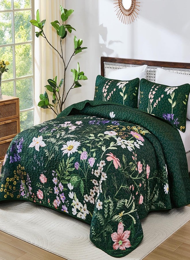 Yiran Floral Quilt Set Queen Size, Green Botanical Bedspreads Bedding Set, 3 Pieces Summer Soft Lightweight Microfiber Coverlet with 2 Pillow Shams for All Season 96x90 Inch - Image 2