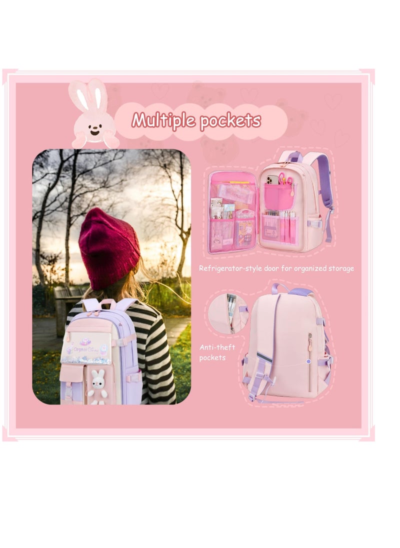 Generic Bunny Backpack for Girls, Cute Kids Bookbag for Elementary School Teens, Kawaii Preschool Outdoor Daypack, Kids Backpack with Rabbit Dolls, Pink  - Image 3