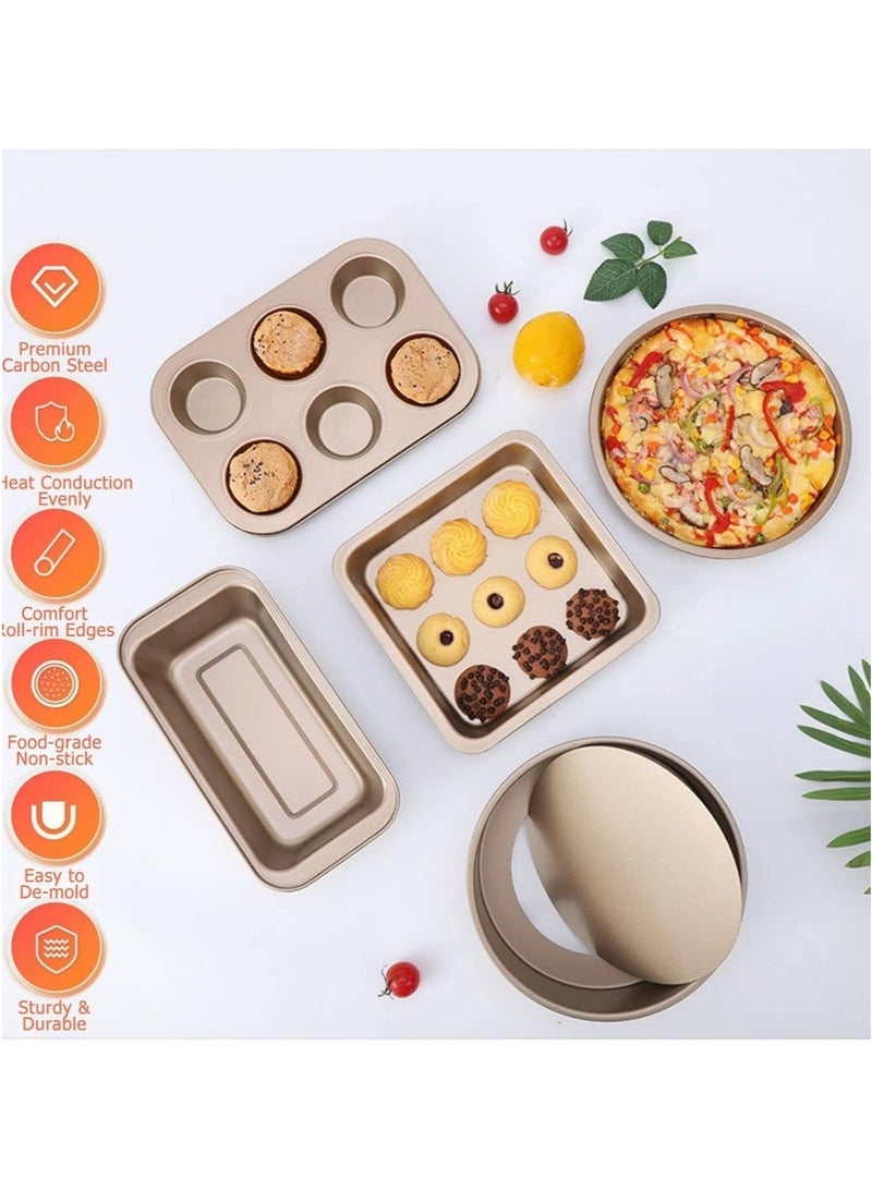 Nonstick Bakeware Set 5 PCS Baking Pans Set- Pizza Tray, Round/Square Pans, Loaf Pan, 6-Cup Muffin Pan Carbon Steel Baking Trays Oven Trays for Bakers Beginners - Image 2