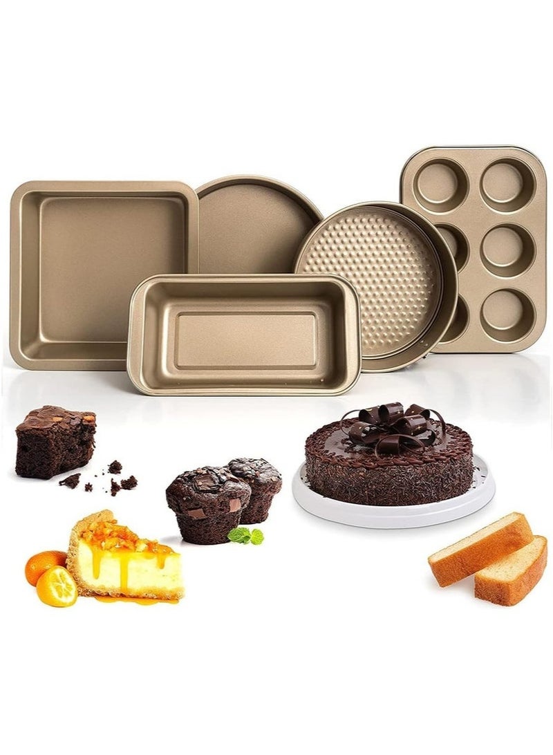 Nonstick Bakeware Set 5 PCS Baking Pans Set- Pizza Tray, Round/Square Pans, Loaf Pan, 6-Cup Muffin Pan Carbon Steel Baking Trays Oven Trays for Bakers Beginners - Image 1