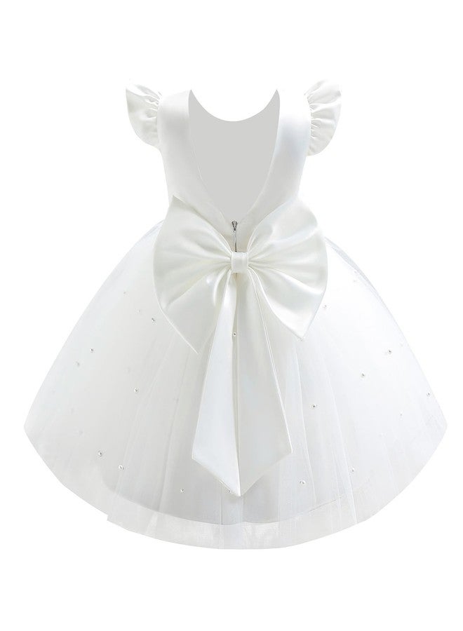 OBEEII Infant Baby Girls Wedding Flower Girl Dress Ruffle Sleeve Satin Pearls Tulle Tutu Dress Bowknot V Back Pageant Party Birthday Formal Christening Baptism Dresses 6-12 Months - Image 1