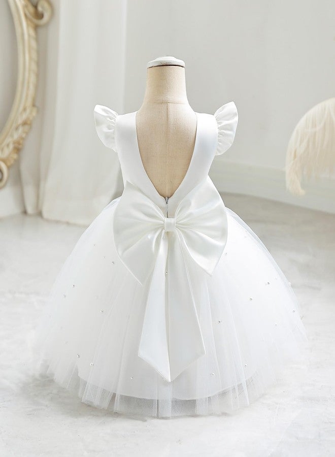 OBEEII Infant Baby Girls Wedding Flower Girl Dress Ruffle Sleeve Satin Pearls Tulle Tutu Dress Bowknot V Back Pageant Party Birthday Formal Christening Baptism Dresses 6-12 Months - Image 4