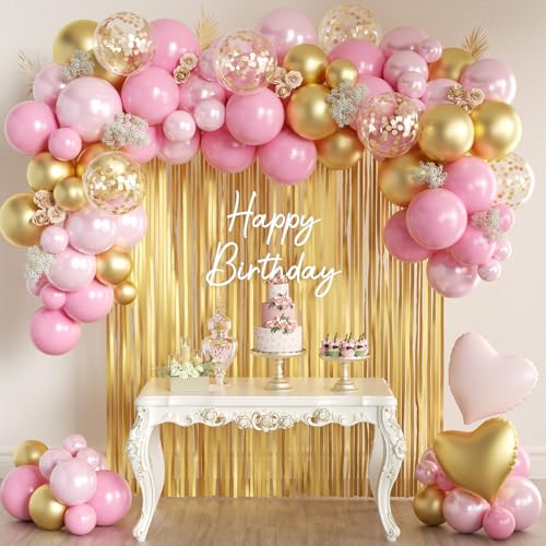 MEBAY 157PCS Pink and Gold Balloons Garland Arch Kit with Gold Fringe Curtain for Woman Girl Princess Engagement Bridal Shower Wedding Baby Shower Birthday Party Decorations - Image 1