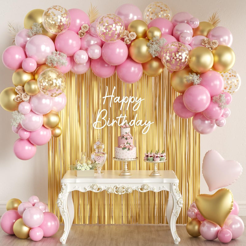 MEBAY 157PCS Pink and Gold Balloons Garland Arch Kit with Gold Fringe Curtain for Woman Girl Princess Engagement Bridal Shower Wedding Baby Shower Birthday Party Decorations - Image 3