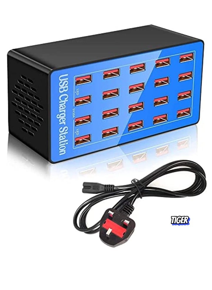 TIGER 20-Port Multi Ports USB Charger, 100W Multi-USB Charging Station with Smart Detection – High-Speed Charging for Smartphones, Tablets, Laptops, and More – Compact, Efficient, and Space-Saving - Image 1