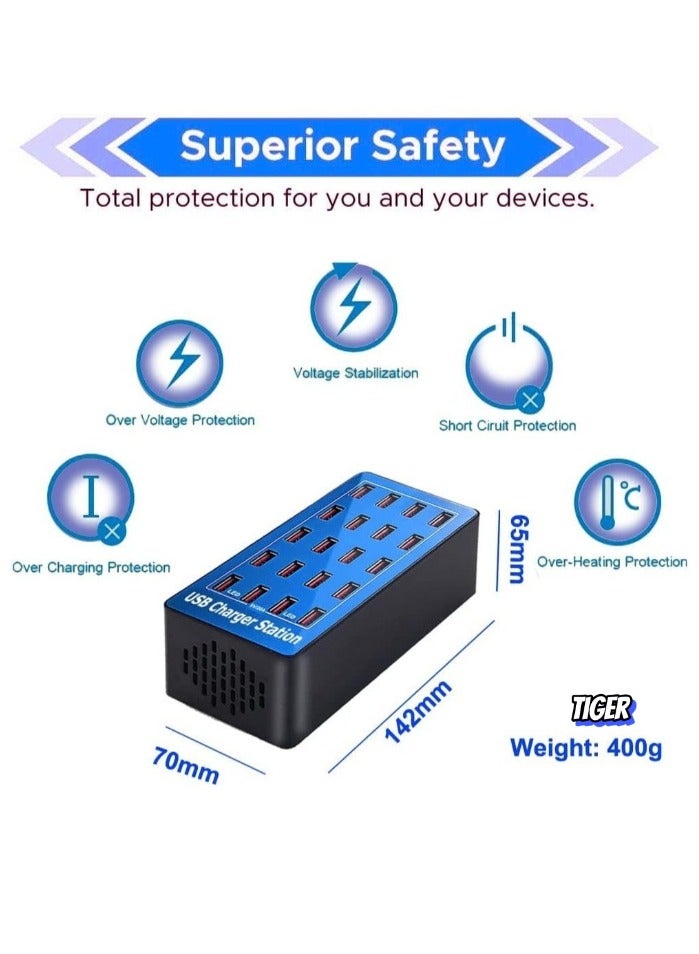 TIGER 20-Port Multi Ports USB Charger, 100W Multi-USB Charging Station with Smart Detection – High-Speed Charging for Smartphones, Tablets, Laptops, and More – Compact, Efficient, and Space-Saving - Image 2