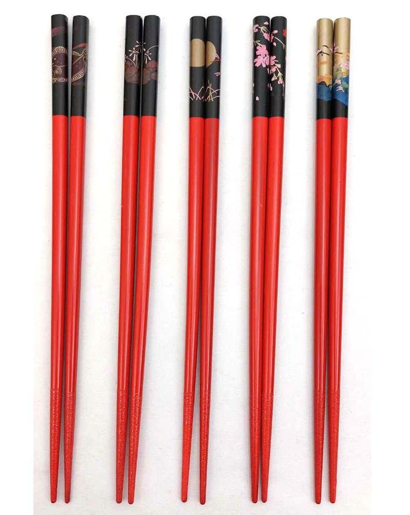 JapanBargain JapanBargain Brand 5 Pair Bamboo Chopsticks Gift Set Crane Design Red