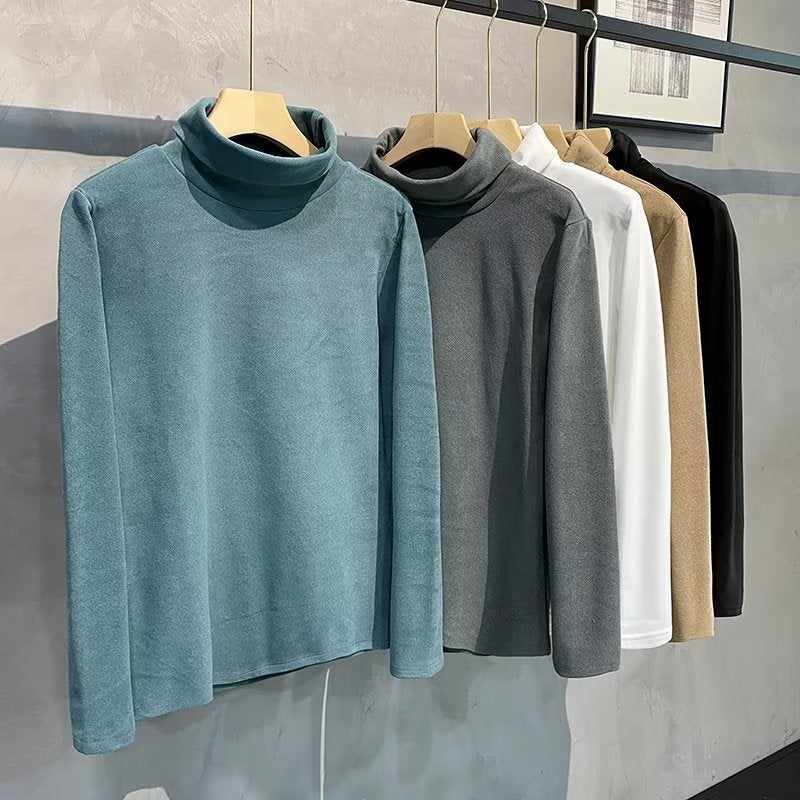 Double-sided Velvet Semi-high Collar Base Shirt Men's Inner Wear Autumn and Winter Warm Autumn Heavy Solid Color Long Sleeve T-shirt for Men - Image 2