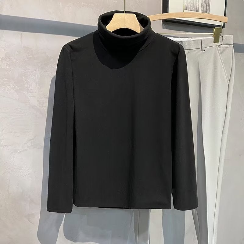 Double-sided Velvet Semi-high Collar Base Shirt Men's Inner Wear Autumn and Winter Warm Autumn Heavy Solid Color Long Sleeve T-shirt for Men - Image 1