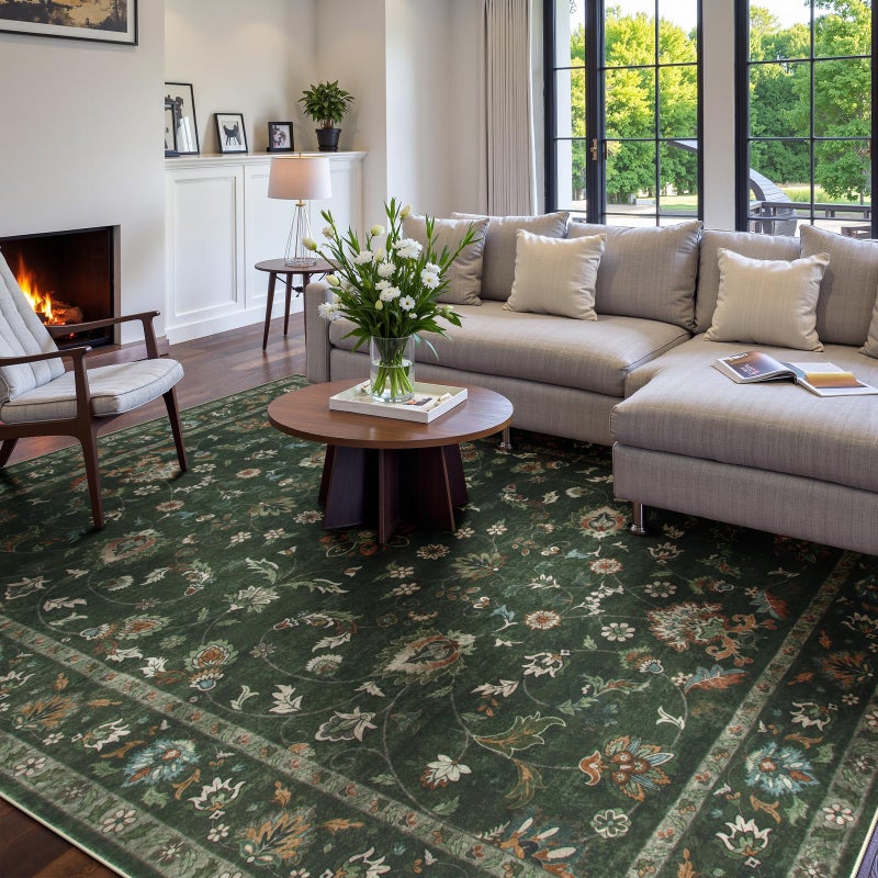 Wonnitar Green 8x10 Rugs for Living Room Floral Rug Low Pile Vintage Boho Large Rug Non Slip Stain Resistant Rugs for Bedroom Dining Room Home Office DepartmentGreen8x10