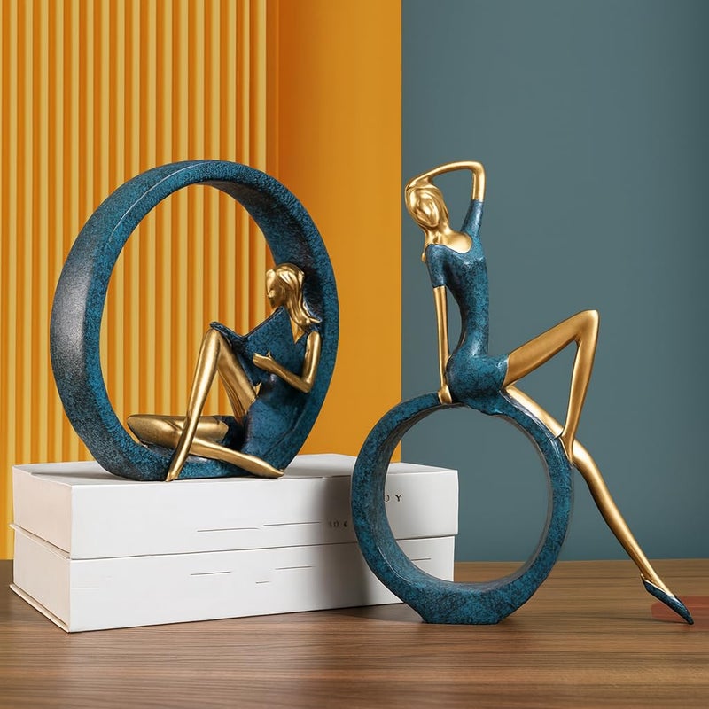 XTORE Stylish Resin Girl Sculptures for Home Decor (Pack of 2, Light Green) - Image 1