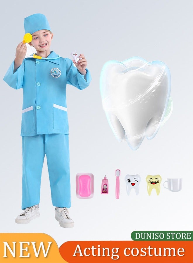 DUNISO Kids dental costume, suitable for boys and girls to wear doctor prop suits, role-playing sets, equipped with hats, pants, and six piece toy sets, suitable for heights of 115 to 125 centimeters - Image 1