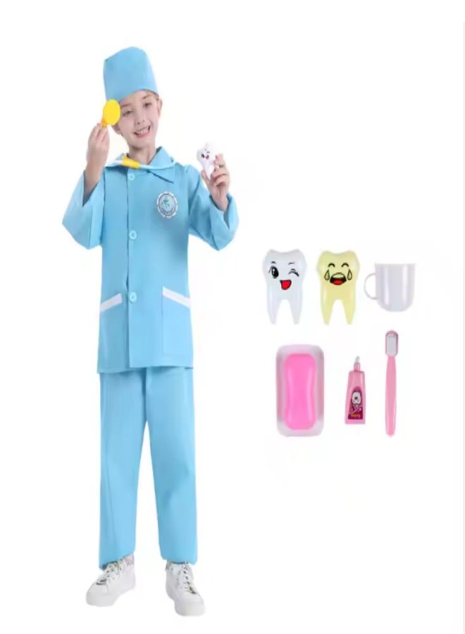 DUNISO Kids dental costume, suitable for boys and girls to wear doctor prop suits, role-playing sets, equipped with hats, pants, and six piece toy sets, suitable for heights of 115 to 125 centimeters - Image 3