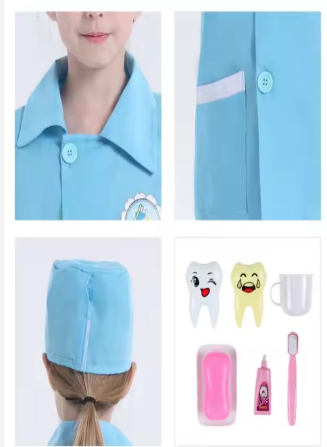 DUNISO Kids dental costume, suitable for boys and girls to wear doctor prop suits, role-playing sets, equipped with hats, pants, and six piece toy sets, suitable for heights of 115 to 125 centimeters - Image 5