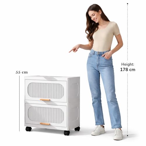 House of Quirk Stackable Collapsible Storage Boxes with Wheels and Doors – Versatile Plastic Containers for Home Organization 2 Layer 40cm (White) - Image 3