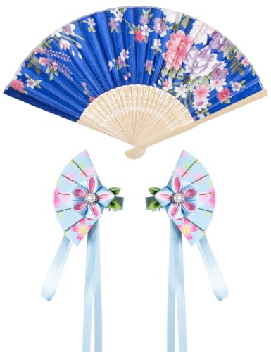 Elibelle Asian Traditional Dress Kimono Robe for Kids Girls Costume Silk Folding Fans hairstick Cosplay（White Navy150cm - Image 5