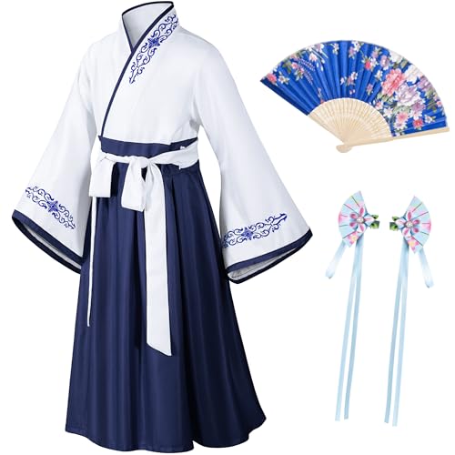 Elibelle Asian Traditional Dress Kimono Robe for Kids Girls Costume Silk Folding Fans hairstick Cosplay（White Navy150cm - Image 2