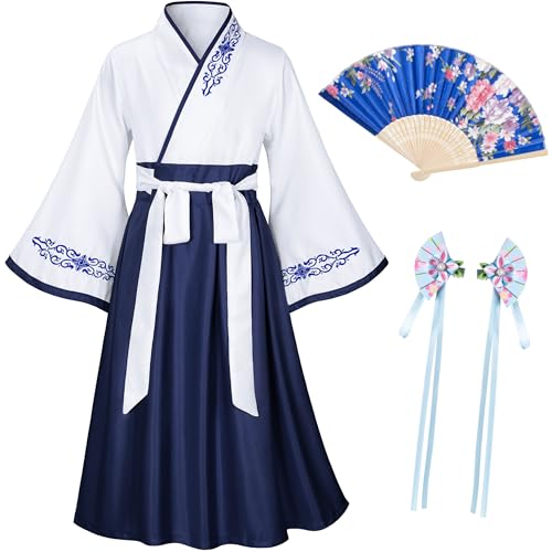 Elibelle Asian Traditional Dress Kimono Robe for Kids Girls Costume Silk Folding Fans hairstick Cosplay（White Navy150cm - Image 1