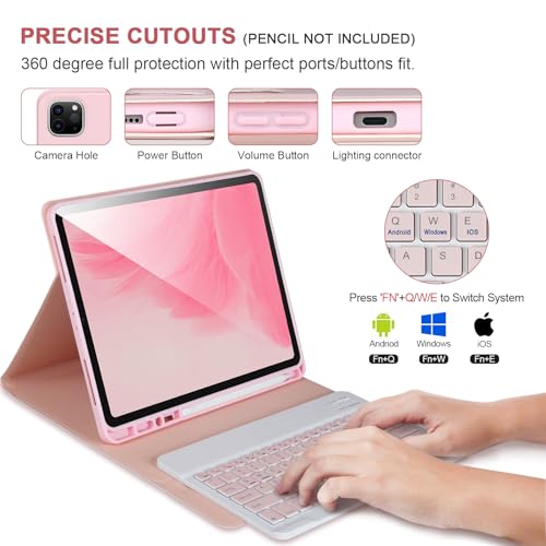 APHBZGE Keyboard Case for iPad Air 11 2024(M2), iPad Pro 11'' 4th/3rd/2nd/1st Gen, Detachable Bluetooth Keyboard with Pencil Holder, Pink - Image 3
