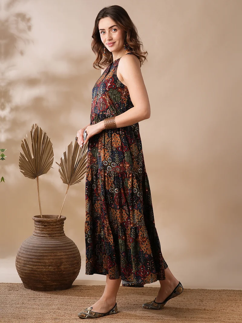 جلو باص فستان ماكسي جلوبس نسائي مطبوع بنقوش عرقية بقصة واسعة