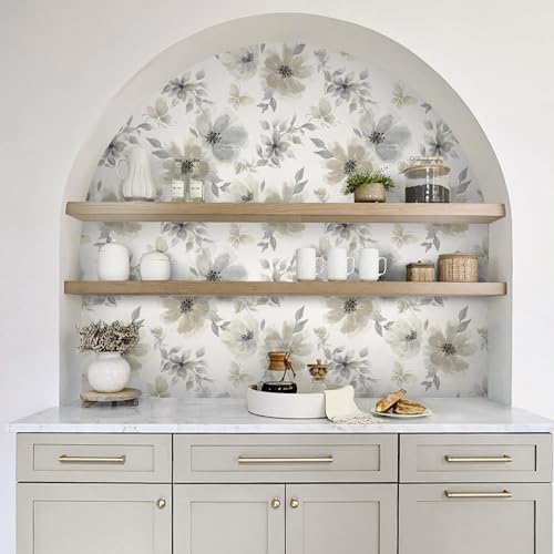 Guvana Peel and Stick Wallpaper Floral Wallpaper Modern Contact Paper Vintage Watercolor Beige Flower Self Adhesive Wall Paper for Bedroom Bathroom 17.32"x78.7" - Image 3