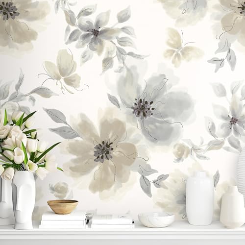 Guvana Peel and Stick Wallpaper Floral Wallpaper Modern Contact Paper Vintage Watercolor Beige Flower Self Adhesive Wall Paper for Bedroom Bathroom 17.32"x78.7" - Image 1