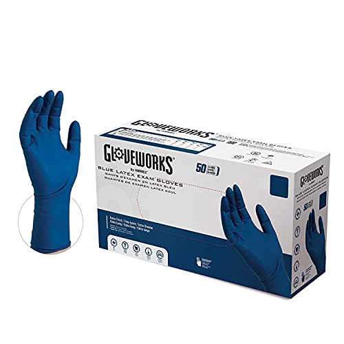 GLOVEWORKS HD Medical Blue Latex Gloves Box of 50 13 Mil Size Medium 12 Inches Long Powder Free Textured Disposable NonSterile GPLHD84100BX