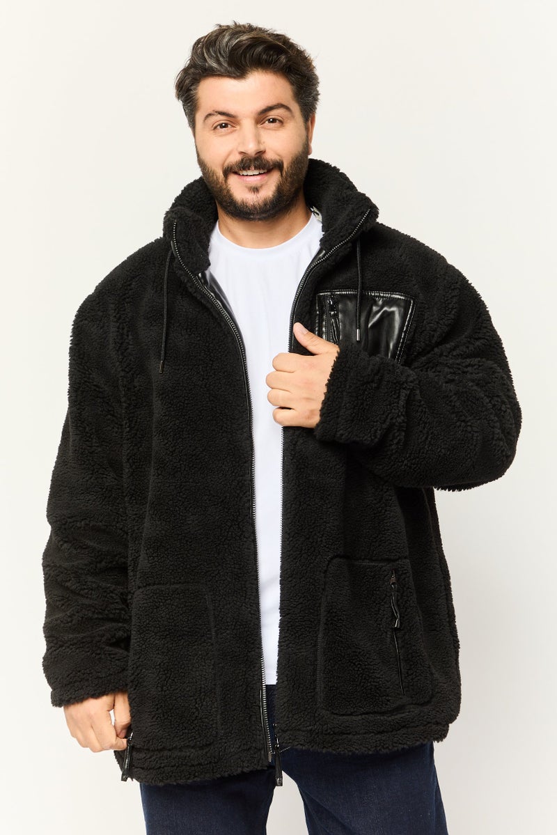 RIVER ISLAND Men Textured Sherpa Jacket, Black - Image 1