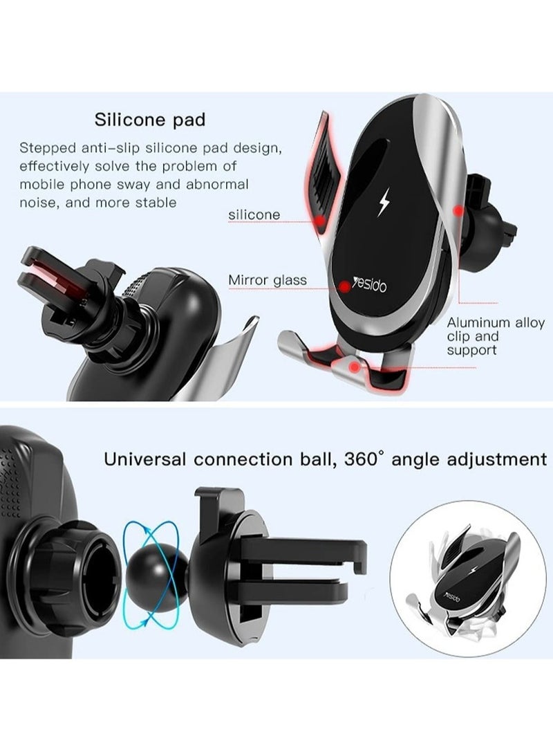 Yesido Premium Quality C78 Wireless Phone Car Holder Wireless Charger Touch Induction 15W Quick Charge Combination Suction Cup & Air Vent Mount Holder. - Image 4