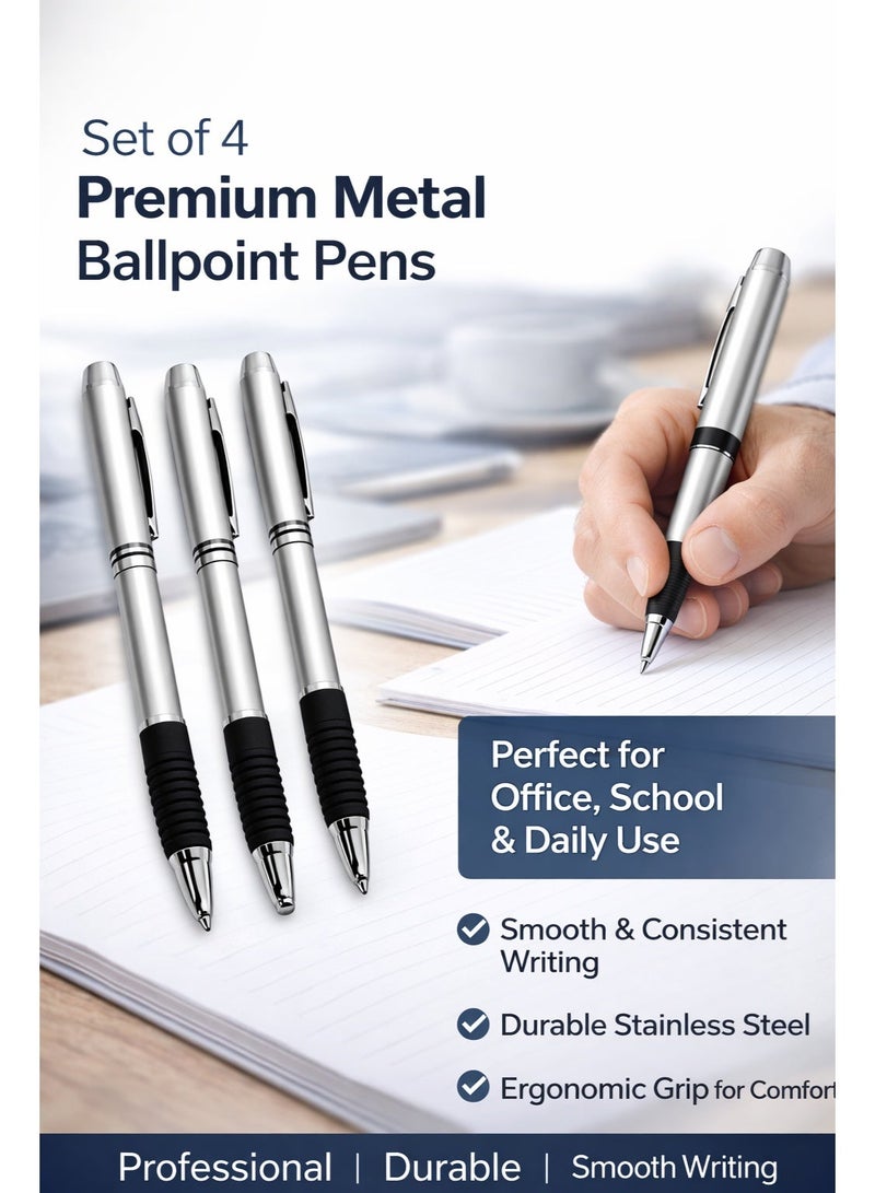 Premium Metal Ballpoint Pens Set of 4 – Smooth Writing Stainless Steel Pens with Comfortable Grip, Ideal for Office, School & Daily Use - Image 2
