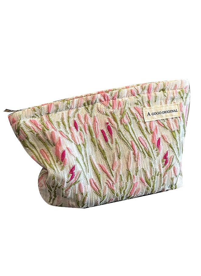 A GOGO ORIGINAL - Make Up Bag, Zipper Cosmetic Bag,Portable Toiletry Organizer Bag For Women, Large Capacity Pouch Storage Bags For Travel,Makeup Case Organizer,Canvas Flowers Skincare Pouch Bag (Pink-willow branch) - Image 1
