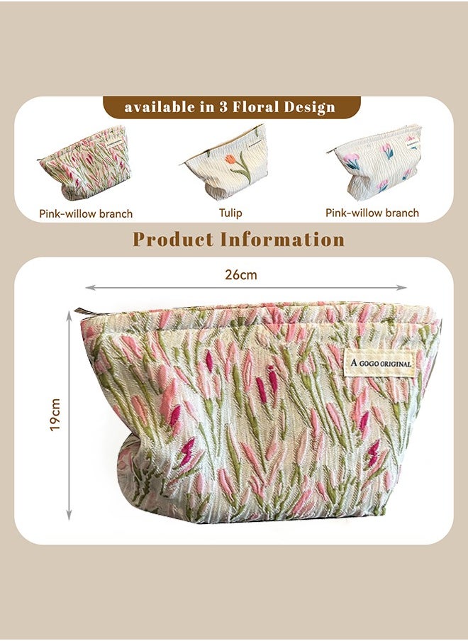 A GOGO ORIGINAL - Make Up Bag, Zipper Cosmetic Bag,Portable Toiletry Organizer Bag For Women, Large Capacity Pouch Storage Bags For Travel,Makeup Case Organizer,Canvas Flowers Skincare Pouch Bag (Pink-willow branch) - Image 1