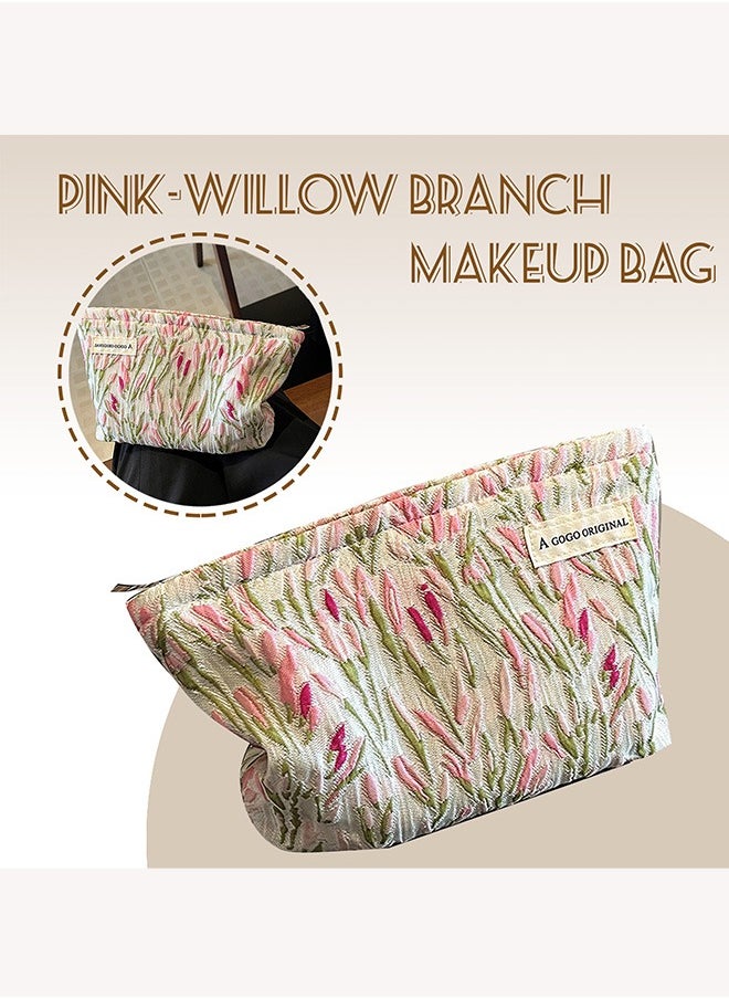 A GOGO ORIGINAL - Make Up Bag, Zipper Cosmetic Bag,Portable Toiletry Organizer Bag For Women, Large Capacity Pouch Storage Bags For Travel,Makeup Case Organizer,Canvas Flowers Skincare Pouch Bag (Pink-willow branch) - Image 1