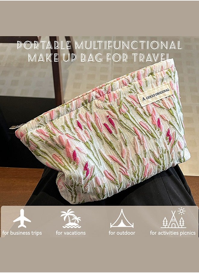 A GOGO ORIGINAL - Make Up Bag, Zipper Cosmetic Bag,Portable Toiletry Organizer Bag For Women, Large Capacity Pouch Storage Bags For Travel,Makeup Case Organizer,Canvas Flowers Skincare Pouch Bag (Pink-willow branch) - Image 1