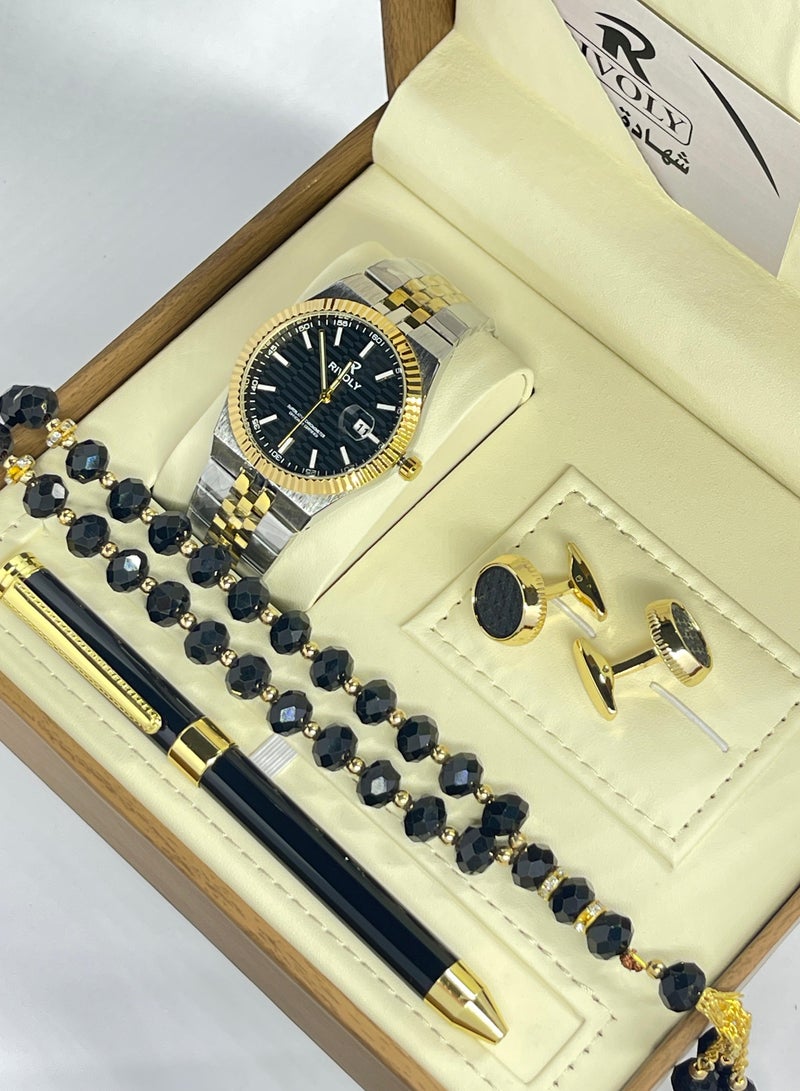 RR A wonderful stainless steel men's set consisting of a watch, a rosary, a pen and cufflinks half steel