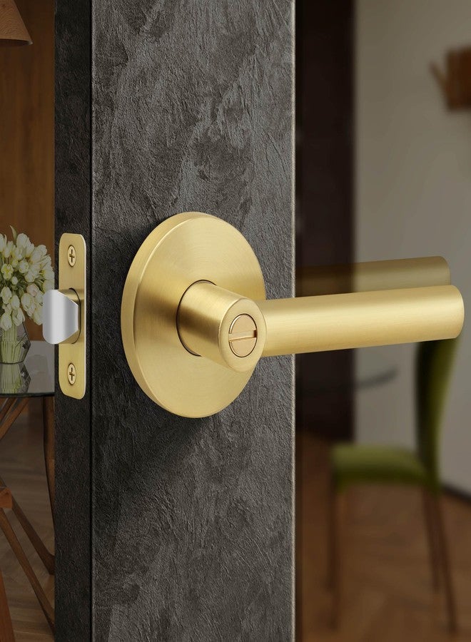 Moquin Brushed Gold Heavy Duty Round Design Door Lever, Keyless Privacy Door Handle in Gold, Reversible Door Lock for Bathroom Bedroom Door, Satin Brass Finish - Image 1