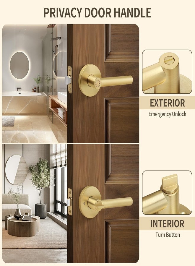 Moquin Brushed Gold Heavy Duty Round Design Door Lever, Keyless Privacy Door Handle in Gold, Reversible Door Lock for Bathroom Bedroom Door, Satin Brass Finish - Image 4