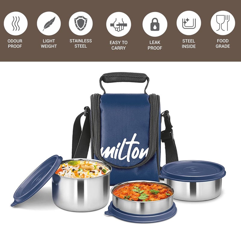 Milton MILTON Tasty 3 Lunch Box with Insulated Fabric Jacket, 3 Stainless Steel Containers (200 ml, 320 ml, 500 ml), Leak-Proof Tiffin for Office, College, Picnic, Blue  - Image 2