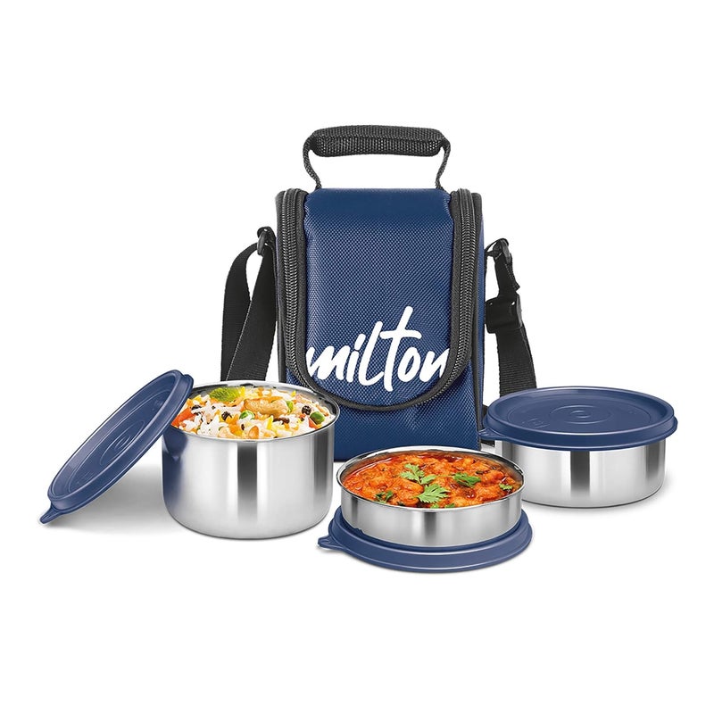 Milton MILTON Tasty 3 Lunch Box with Insulated Fabric Jacket, 3 Stainless Steel Containers (200 ml, 320 ml, 500 ml), Leak-Proof Tiffin for Office, College, Picnic, Blue  - Image 1