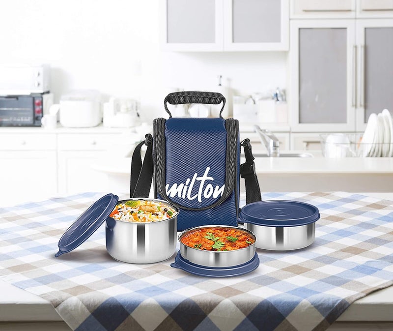 Milton MILTON Tasty 3 Lunch Box with Insulated Fabric Jacket, 3 Stainless Steel Containers (200 ml, 320 ml, 500 ml), Leak-Proof Tiffin for Office, College, Picnic, Blue  - Image 4