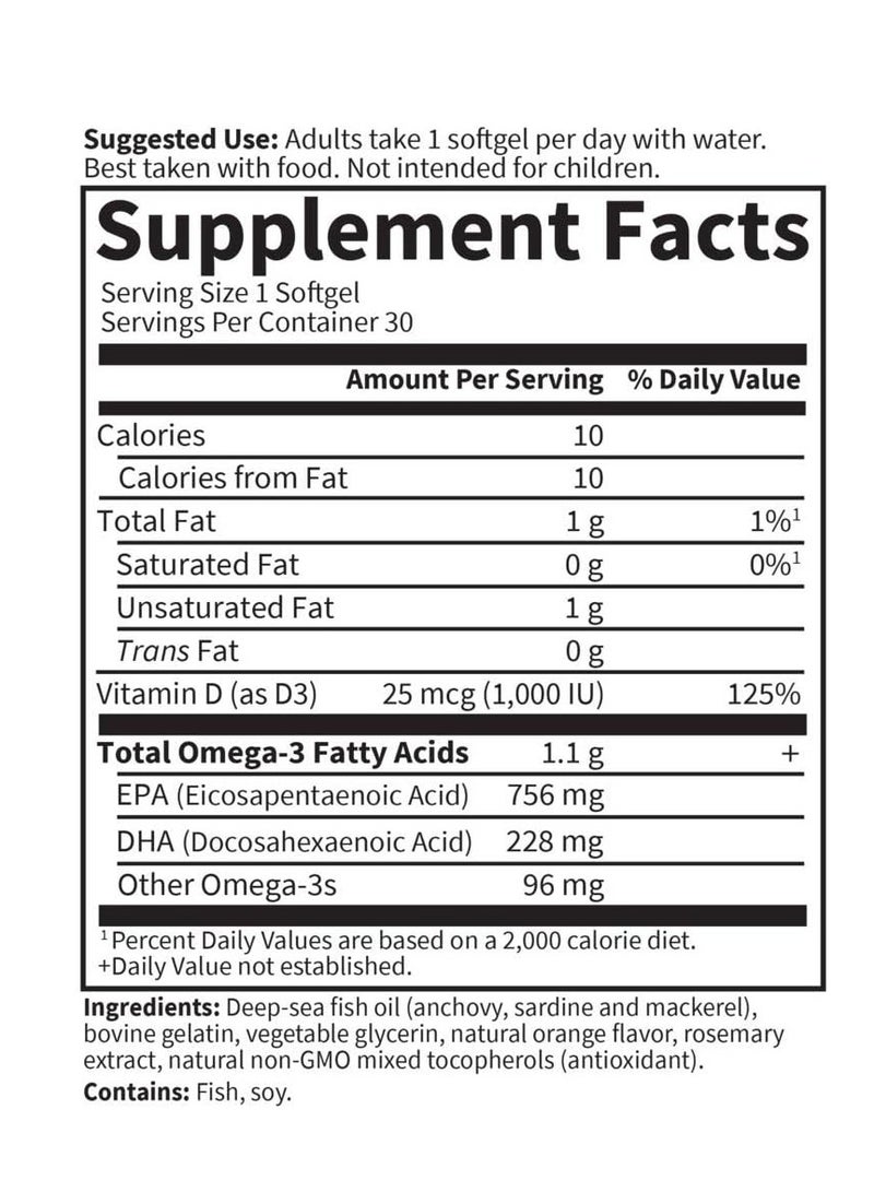 Garden of Life Platinum Omega 3 Fish Oil Supplement - Orange, 30 Softgels, Ultimate Once Daily Fish Oil Omega 3 for Heart & Brain Health, 1100mg Omega-3s + 1,000 IU Vitamin D3 - Image 3