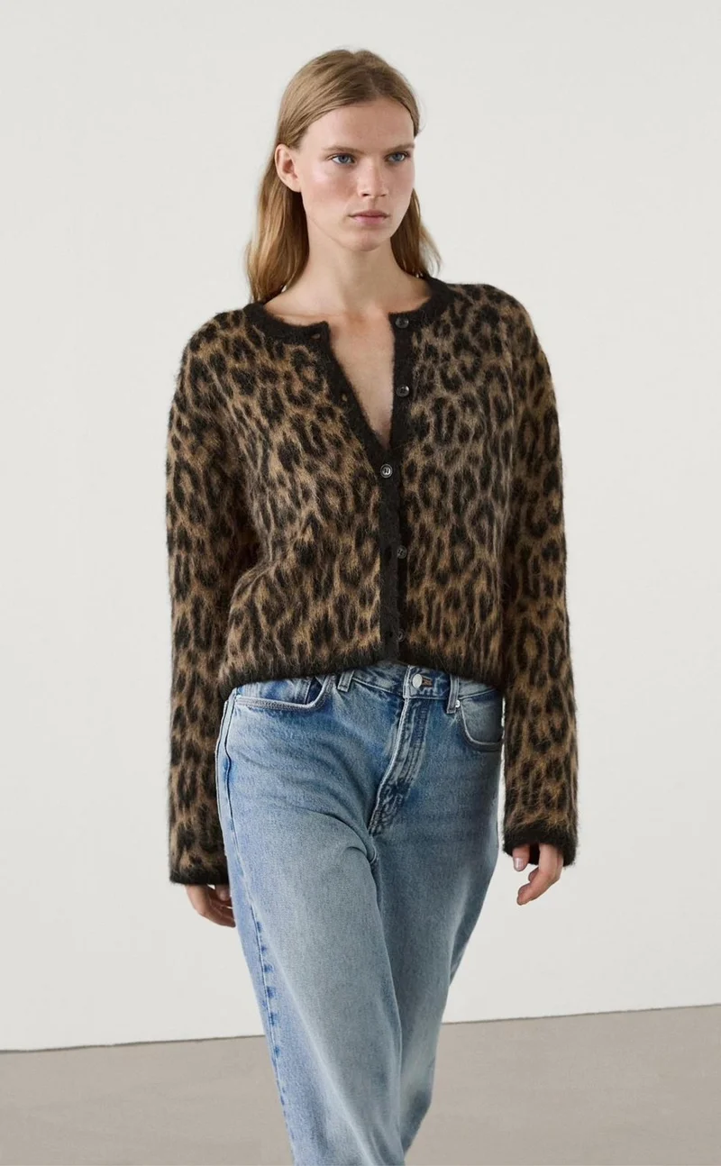 Summer Winter Club Women's Brown Leopard Patterned Raised Cardigan