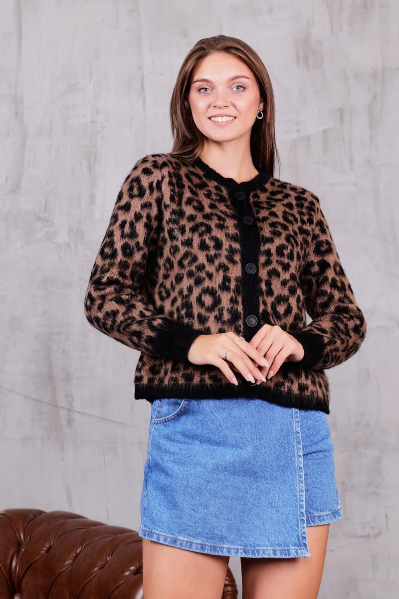 Summer Winter Club Women's Brown Leopard Patterned Raised Cardigan