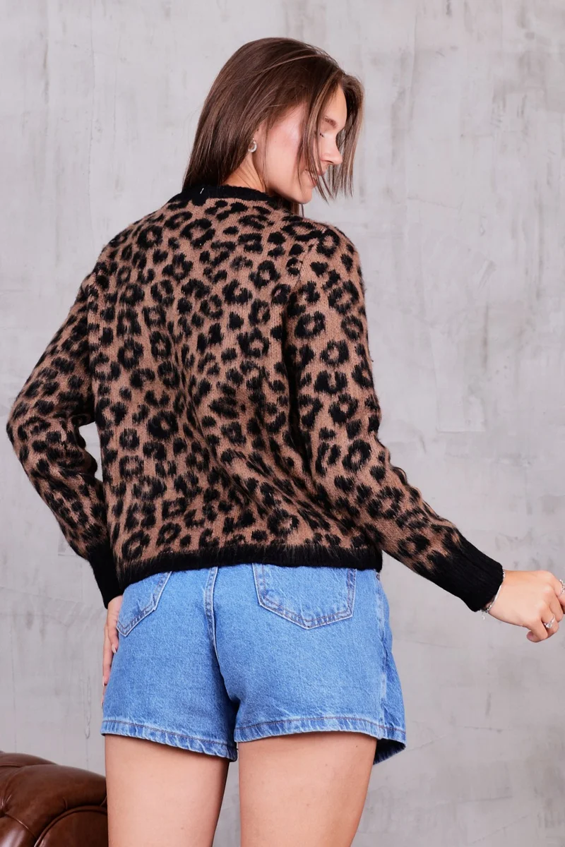 Summer Winter Club Women's Brown Leopard Patterned Raised Cardigan