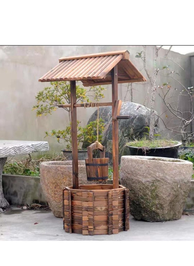 Generic FFD Wooden Flower Pot Well Shaped Flower Frame Carbonized Wood Plant Pot Wishing Well Creative Water Well Rustic Flower Box Planter For Patio Garden  - Image 2