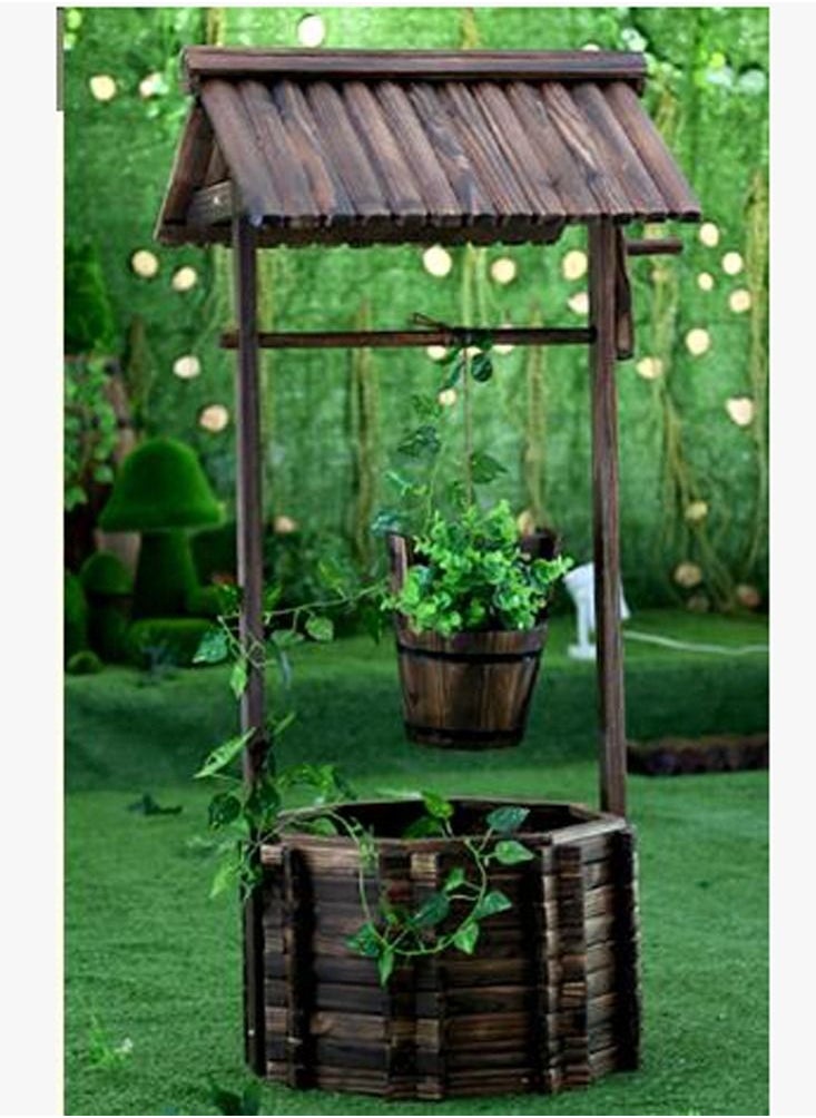 Generic FFD Wooden Flower Pot Well Shaped Flower Frame Carbonized Wood Plant Pot Wishing Well Creative Water Well Rustic Flower Box Planter For Patio Garden  - Image 3